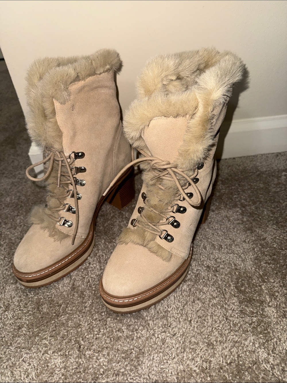 Steve Madden Taupe Suede Lace-Up Fur-Trim Heeled Boots